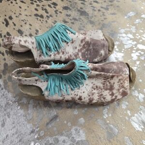 Cow Print And Teal Fringe Sandals!